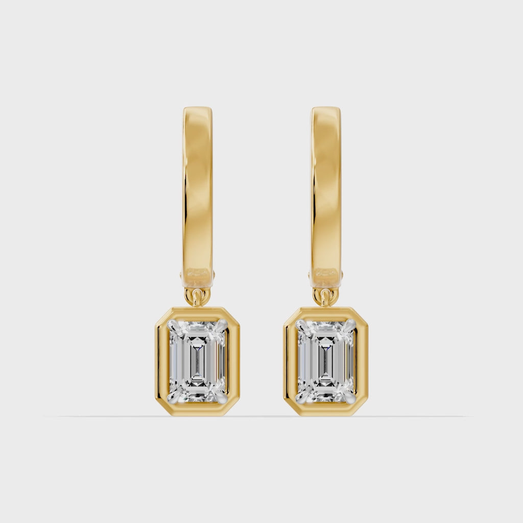 Frame Bezel Emerald Dangle Huggie Earrings, lab-grown diamonds, 14K yellow gold, video