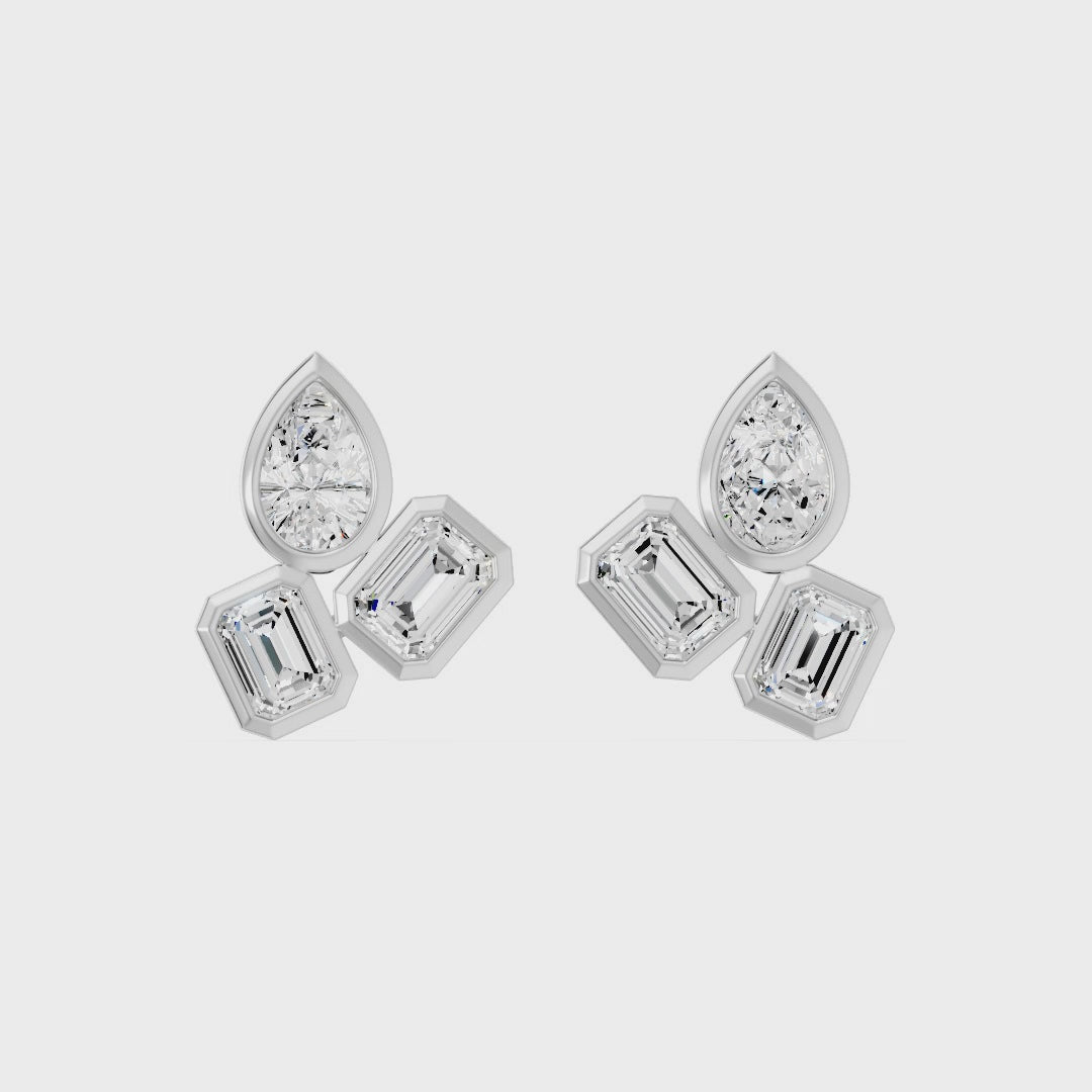Frame Bezel Pear Emerald Trio Stud Earrings, lab-grown diamonds, 14K white gold, video