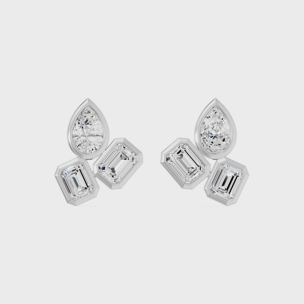 Frame Bezel Pear Emerald Trio Stud Earrings, lab-grown diamonds, 14K white gold, video