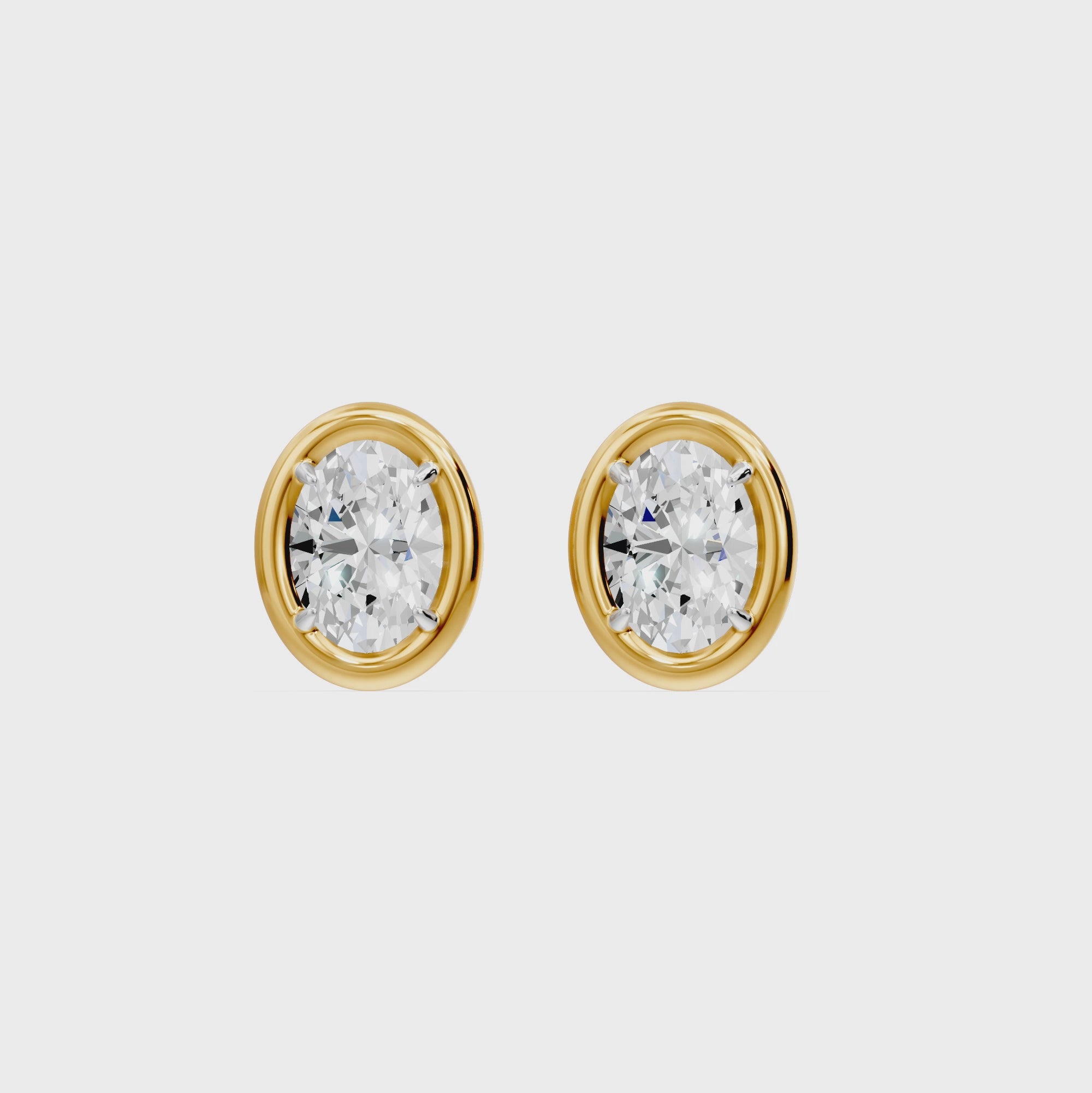Frame Bezel Oval Solitaire Stud Earrings, lab-grown diamonds, 14K yellow gold, video