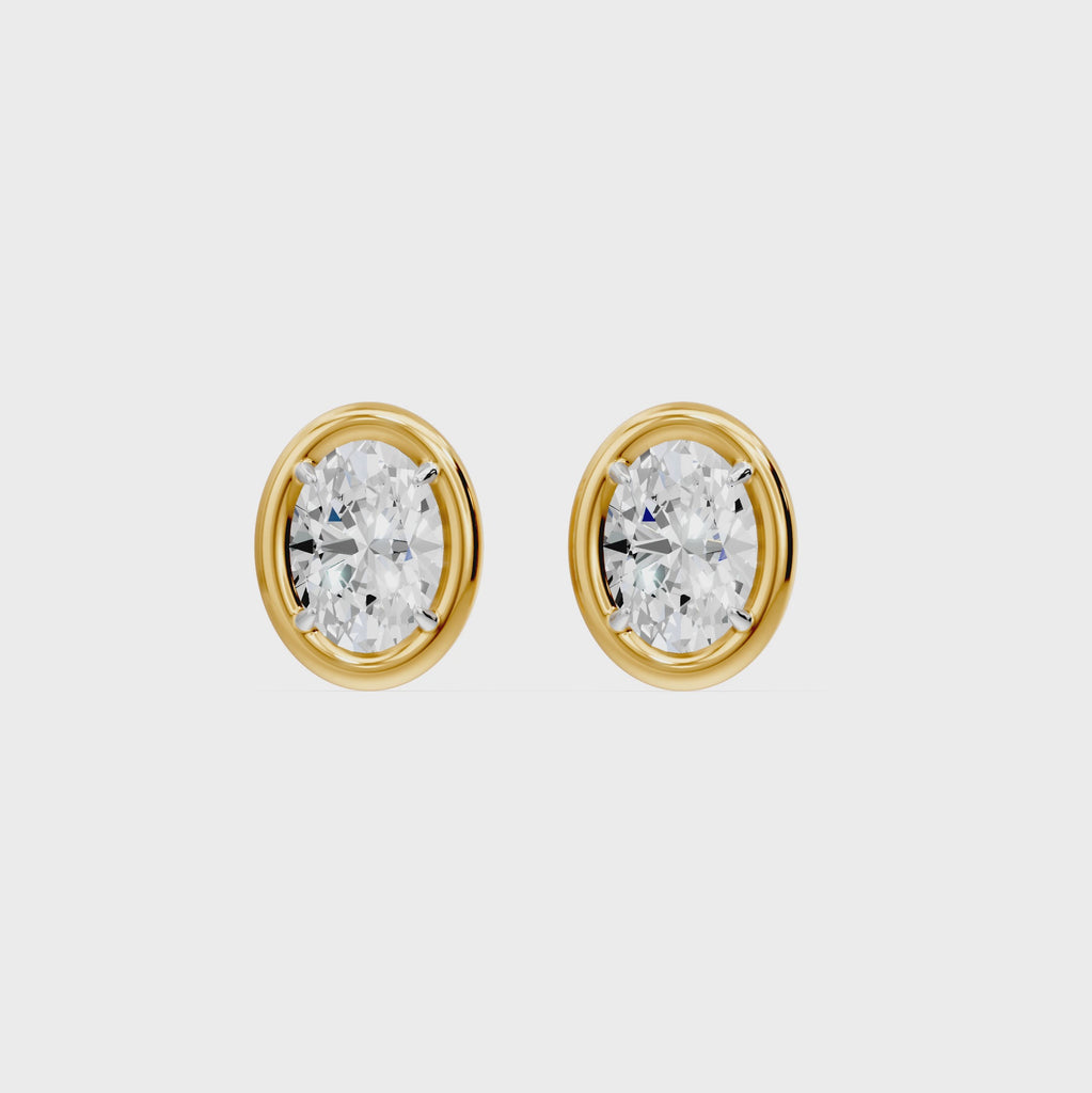 Frame Bezel Oval Solitaire Stud Earrings, lab-grown diamonds, 14K yellow gold, video