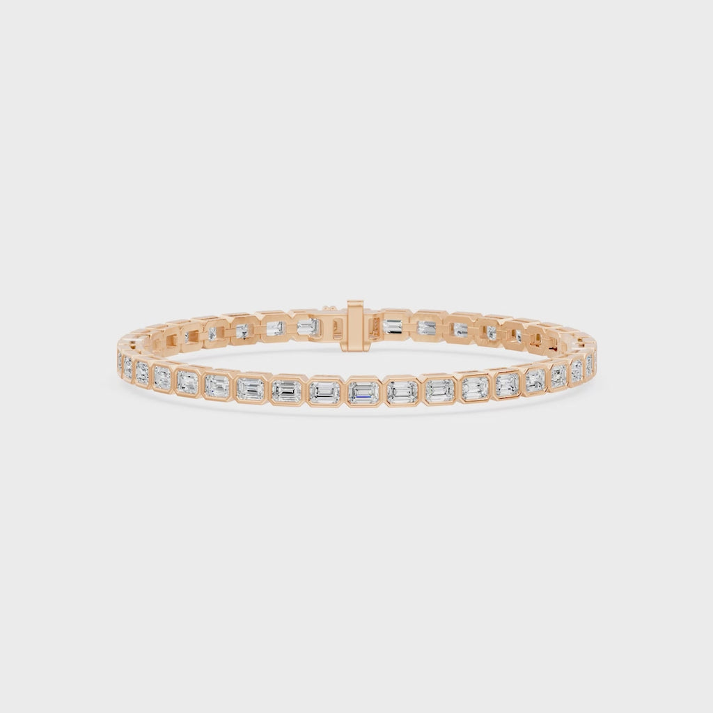Nova Bezel Emerald Cut Diamond Tennis Bracelet, lab-grown diamonds, 14K rose gold, video