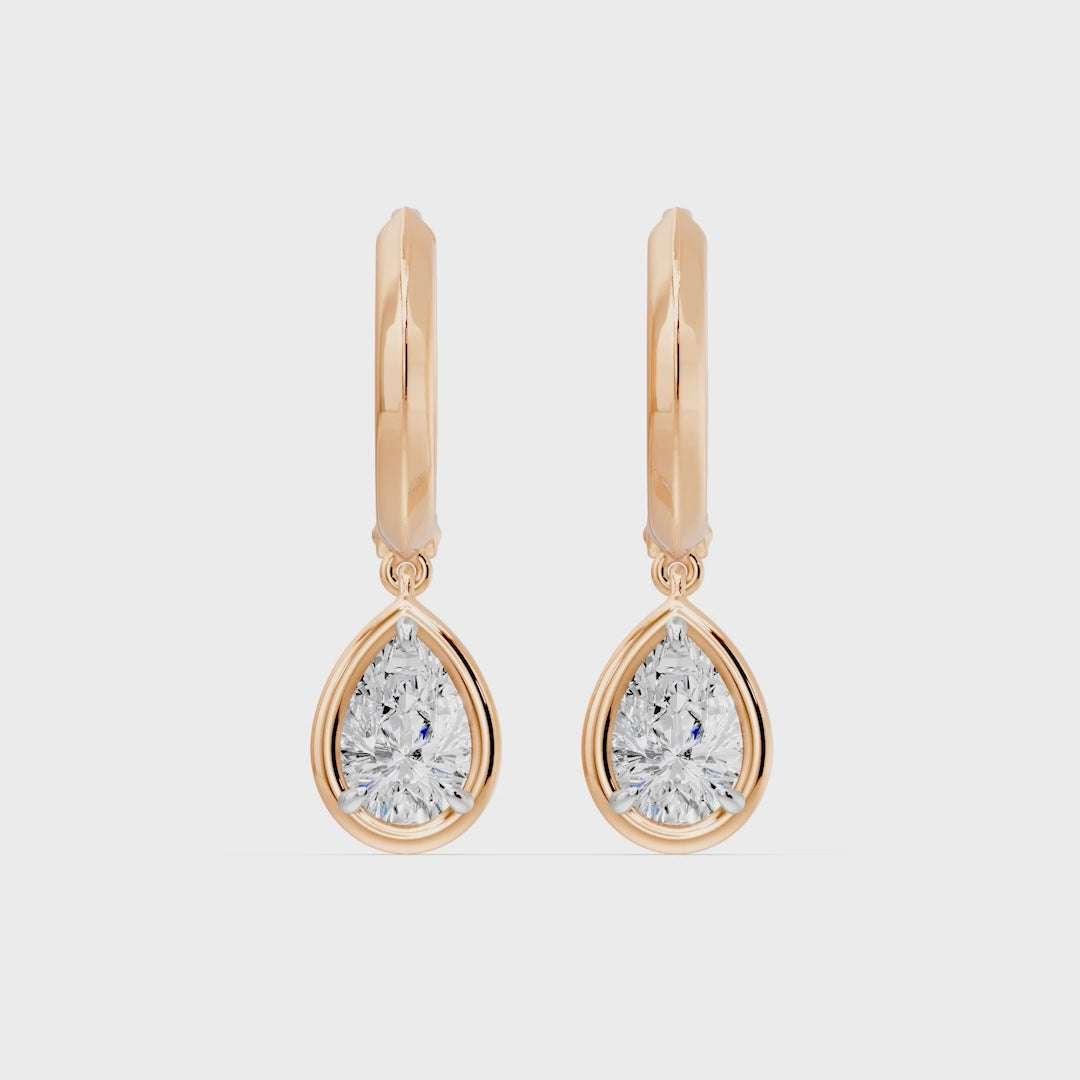 Frame Bezel Pear Dangle Huggie Earrings, lab-grown diamonds, 14K rose gold, video