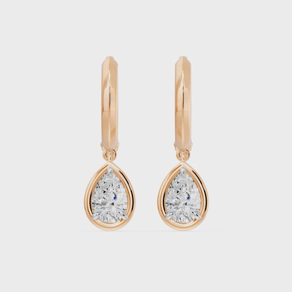 Frame Bezel Pear Dangle Huggie Earrings, lab-grown diamonds, 14K rose gold, video
