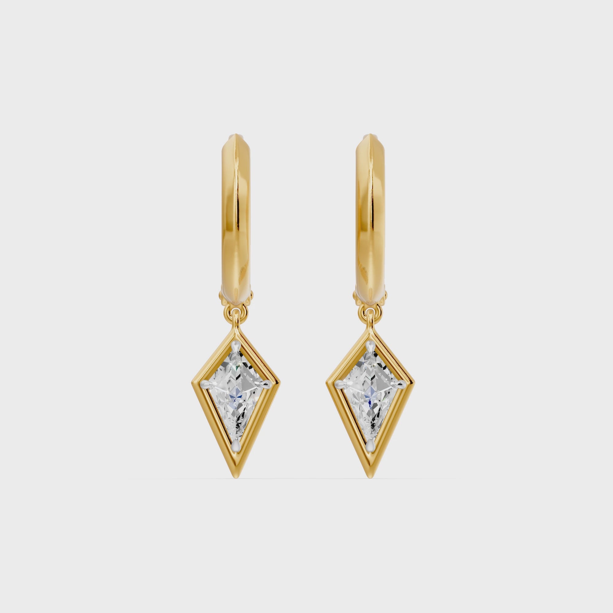 Frame Bezel Kite Dangle Huggie Earrings, lab-grown diamonds, 14K yellow gold, video