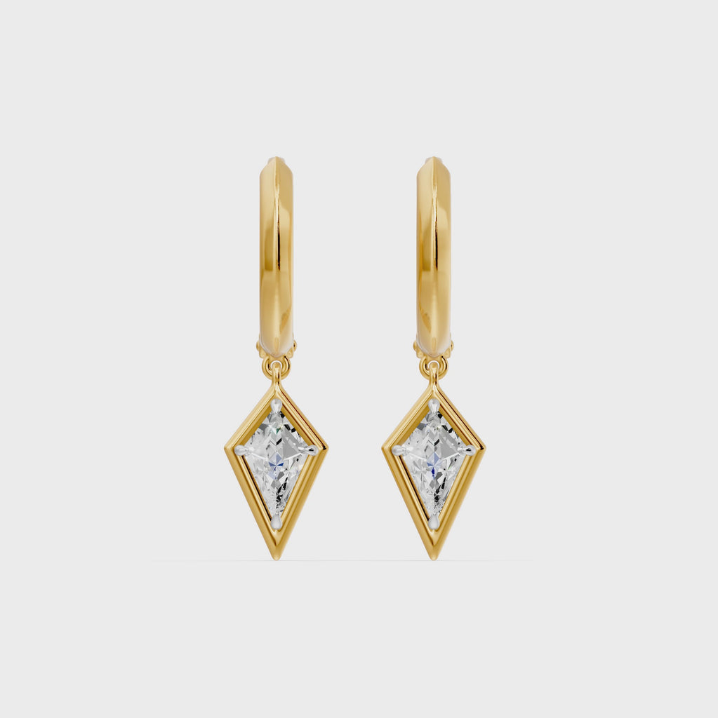 Frame Bezel Kite Dangle Huggie Earrings, lab-grown diamonds, 14K yellow gold, video