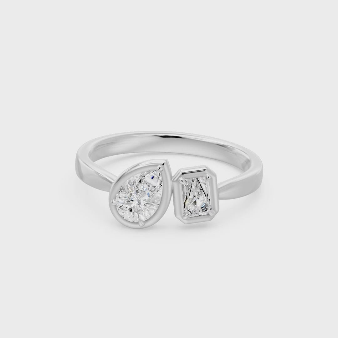 Frame Bezel Pear Emerald Two Stone Ring, lab-grown diamonds, 14K white gold, video