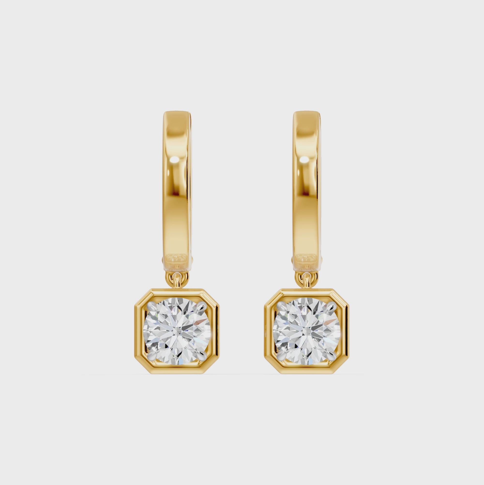 Frame Bezel Round Cush Dangle Huggie Earrings, lab-grown diamonds, 14K yellow gold, video