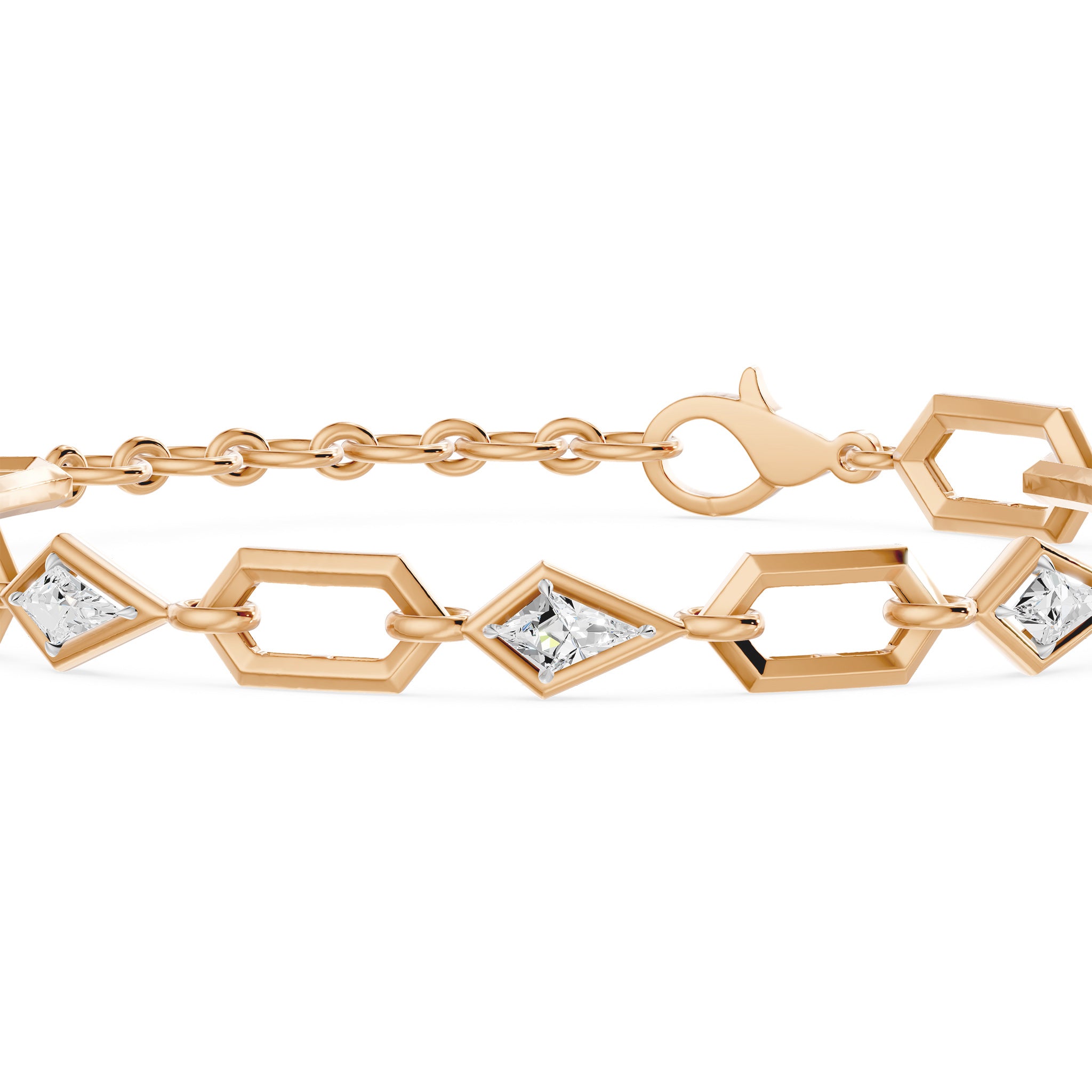 Prism Kite Cut Five Stone Bracelet, lab-grown diamonds, 14K rose gold, detail view