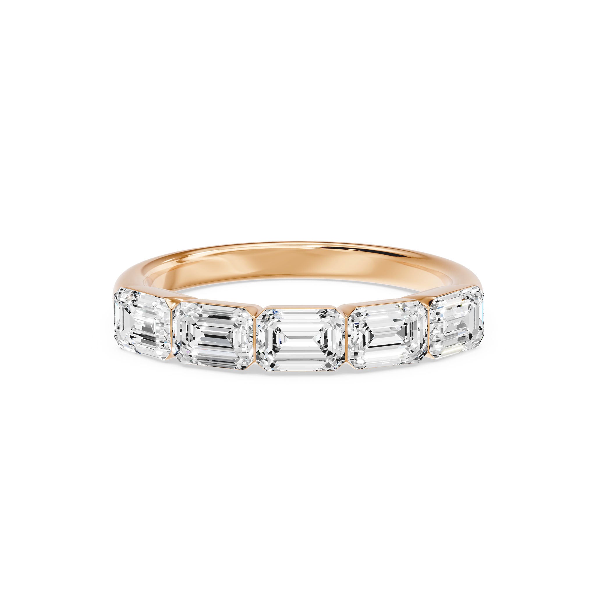 Walking Emerald Cut Five Stone Ring, lab-grown diamonds, 14K rose gold, angle view